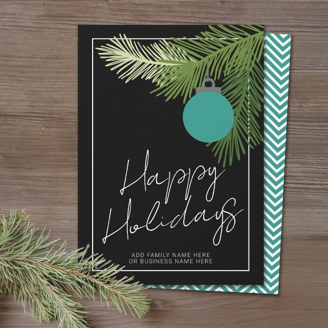 Cartão De Festividades Enfeites de natal Moderno - Aqua Preto - Não Foto (Office Holiday Card - Modern Script Design with Simple Ornament and your logo)