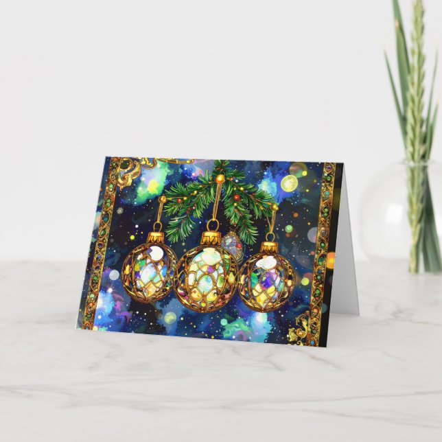 Cartão De Festividades Enfeites de Natal pendurados nos galhos da árvore (Frente)