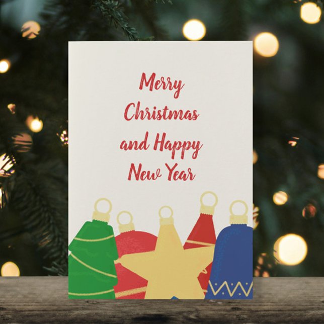 Cartão De Festividades Enfeites de natal retro festivos (Cute retro Christmas card with vintage red, blue, gold and green Christmas ornaments with your photo)