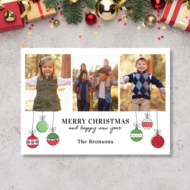 Cartão De Festividades Enfeites de natal retrorreflectores (3 photo Christmas Card with ornament doodles)