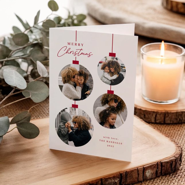 Cartão De Festividades Enfeites de natal Simples Moderno 4 Foto Dobrada (Modern christmas ornaments 4 photo collage folded holiday cards.)