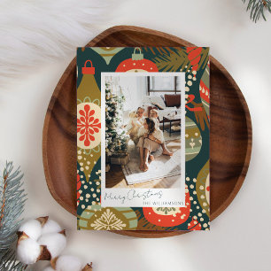 Cartão De Festividades Enfeites de Natal Vermelhos e Verdes Vintage com F