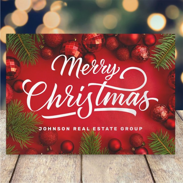 Cartão De Festividades Enfeites de natal Vermelhos Modernos e Pinho Verde (Criador carregado)