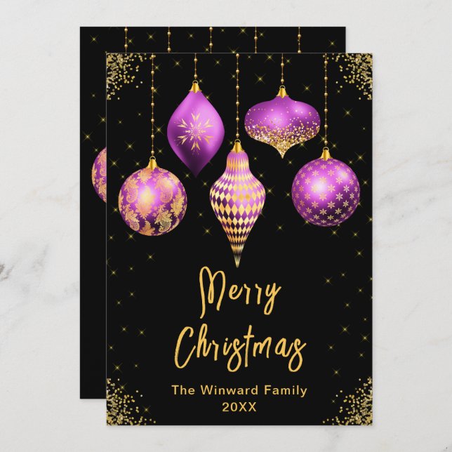 Cartão De Festividades Enfeites Roxo e Dourado Feliz Natal (Frente/Verso)