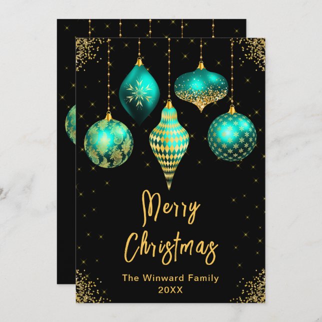 Cartão De Festividades Enfeites Turquesa e Dourado Feliz Natal (Frente/Verso)