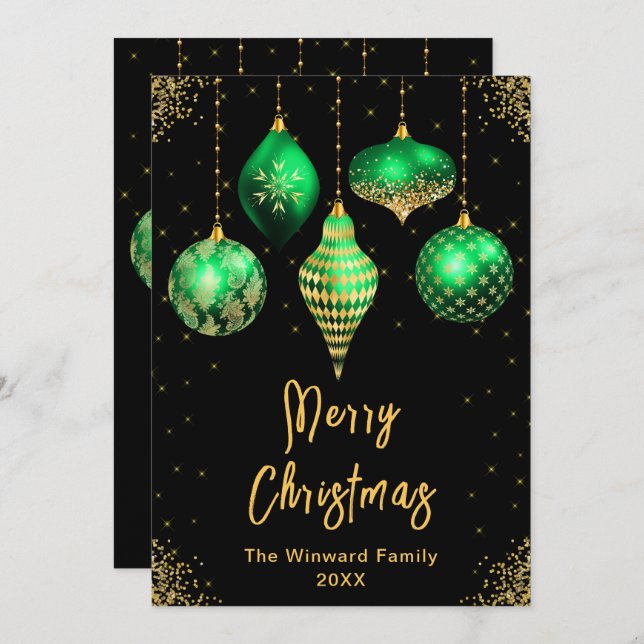 Cartão De Festividades Enfeites Verde e Dourado Feliz Natal (Frente/Verso)