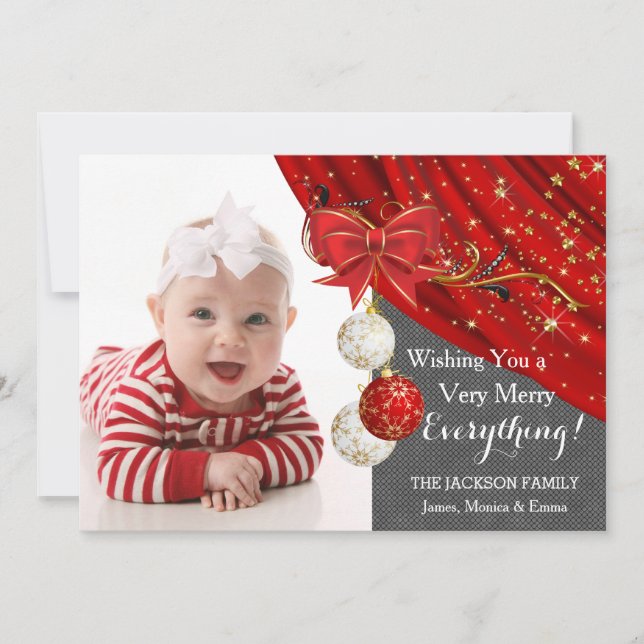Cartão De Festividades Enfeites Vermelhos Foto Natal (Frente)