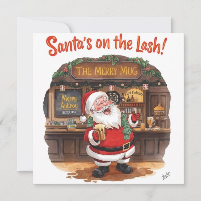 Cartão De Festividades English Christmas with Santa Claus in Pub (Frente)