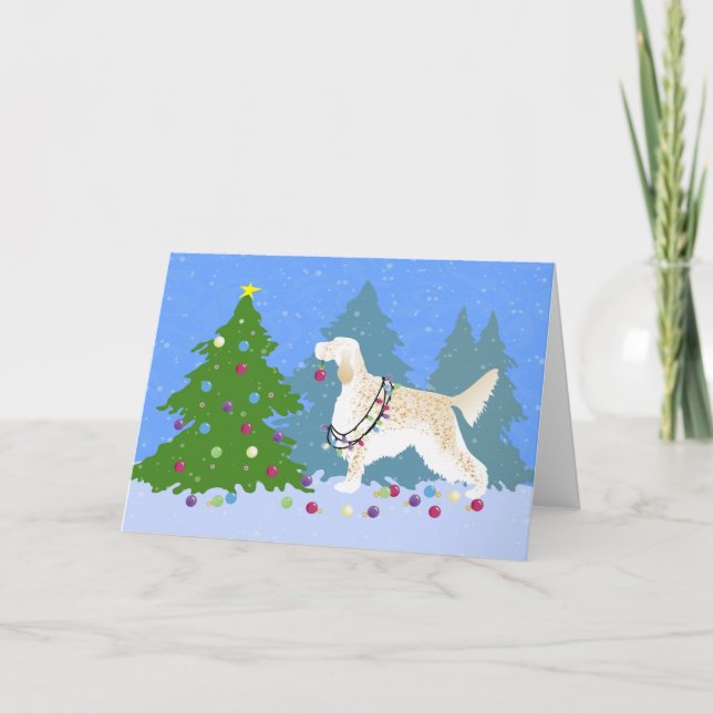 Cartão De Festividades English Setter Decorating Tree in the Forest (Frente)