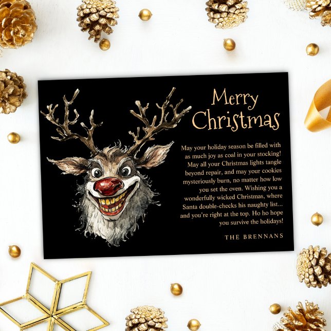 Cartão De Festividades Engraçada Mau Rena travessa Feliz Natal (Funny Evil Naughty Reindeer Wicked Merry Christmas Holiday Card)