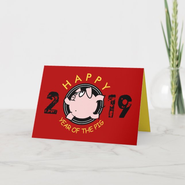 Cartão De Festividades Engraçado 6 Cartoon Porco personalizado Ano Zodiac (Frente)