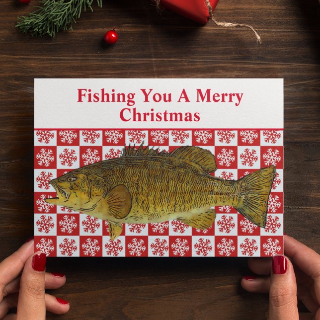 Cartão De Festividades Engraçado Bass de Boca-Pequena Pesca Personalizado (Smallmouth bass custom funny fishing pun Christmas Card.)
