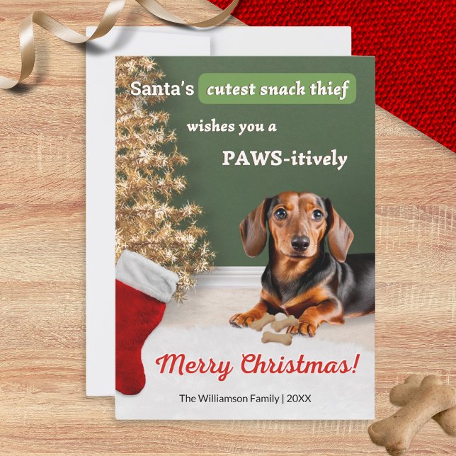 Cartão De Festividades Engraçado Cachorro Cachorrão Feliz Natal (A funny Christmas card with picture of a cute dachshund, wishing a 'Paws-itively Merry Christmas')