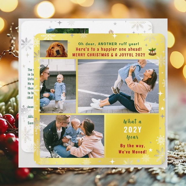 Cartão De Festividades Engraçado Cachorro Ruff Ano Em que Movemos 5 Fotos (Funny Pet Dog Ruff Year Christmas New Year Card We've Moved 5 Photos Elegant Golden Cute Modern)