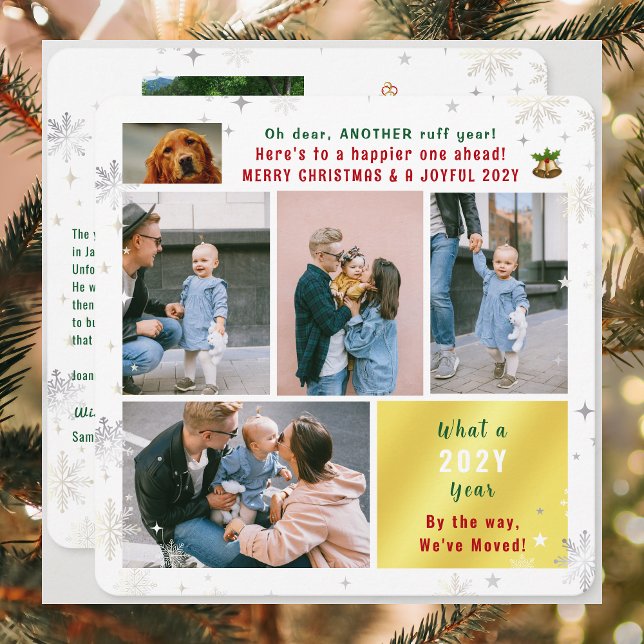 Cartão De Festividades Engraçado Cachorro Ruff Ano Que Mudamos Novas Foto (Funny Another Ruff Year Christmas card. Dog photo, 6 photos total. What a year letter. Festive snow)