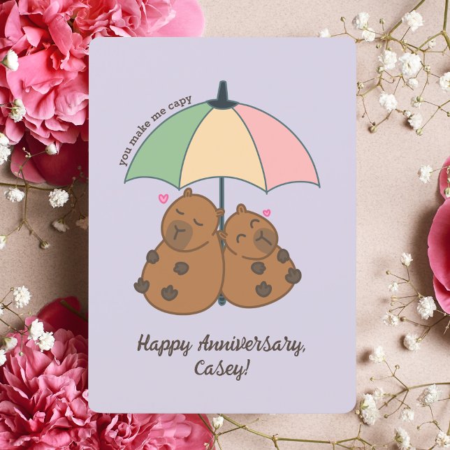 Cartão De Festividades Engraçado Casal Capybara Pastel Pun Aniversário (Capybara theme-designed cards that fit into any wedding anniversary scenario.)