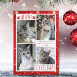 Cartão De Festividades Engraçado Cat 4 Colagem Fotográfica MEOWY CHRISTMA<br><div class="desc">Cartão de cartões de natal engraçado para gatos com 4 fotos com MEOWY CHRISTMAS (ou sua saudação personalizada) em tipografia moderna, escrita à mão, destacada com impressões de pata de gato contra um fundo branco e vermelho com luzes e estrelas. ASSISTÊNCIA: Para obter ajuda com a modificação ou personalização do...</div>