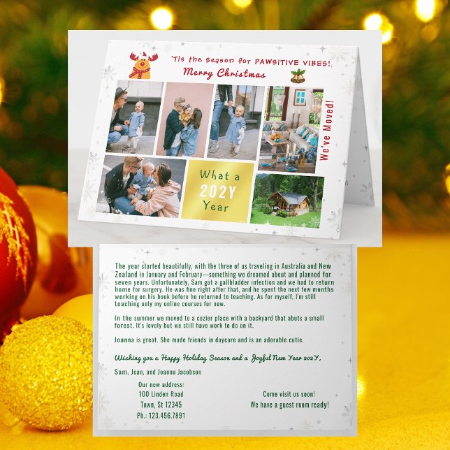 Cartão De Festividades Engraçado Colagem de Fotos Rudolph 7, movemos-nos  (Funny Rudolph Christmas card, pawsitive humor. 6 Photos. We've moved letter. Elegant, modern. Snow)