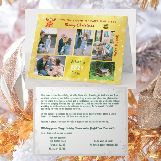 Cartão De Festividades Engraçado Colagem de Fotos Rudolph 7 que Mudamos d (Funny Rudolph Christmas card, pawsitive humor. 6 Photos. We've moved letter. Elegant, golden. Snow)