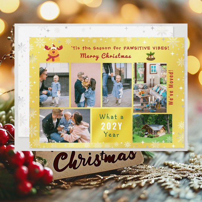Cartão De Festividades Engraçado Colagem de Fotos Rudolph 7 que Mudamos d ('Tis the Season for Pawsitive Vibes. Funny Cute Golden Rudolph 5 Photos Christmas We've Moved Letter)