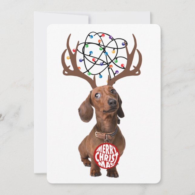 Cartão De Festividades Engraçado Dachshund Wiener Dog Antlers Feliz Natal (Frente)
