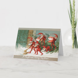 CARTÃO DE FESTIVIDADES ENGRAÇADO DE NATAL VERMELHO ELVES NADANDO NA NEVE