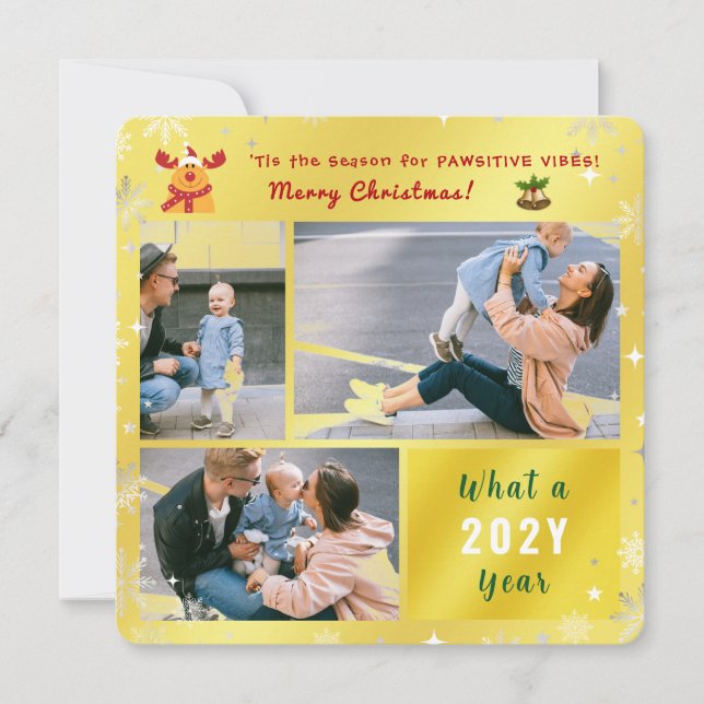 Cartão De Festividades Engraçado Foto do Ouro Pawsitivo Rudolph Elegante (Frente)