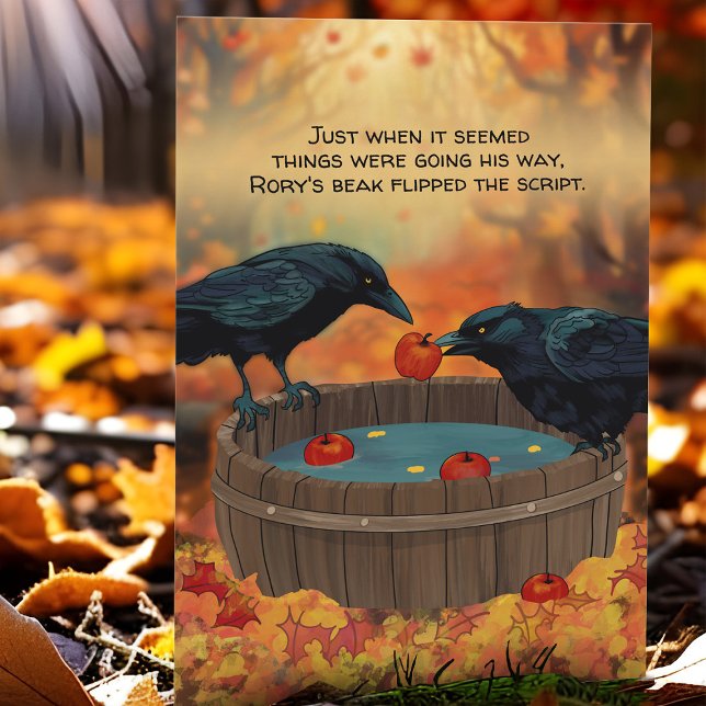 Cartão De Festividades Engraçado Maçã-de-Maçã-de-Maçã-de-Maçarras-de-Páss (Ravens bob for apples on orchard farm, a funny Harvest card for Thanksgiving or any Fall occasion.)