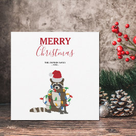 Cartão De Festividades Engraçado Natal Raccoon Santa Hat Luzes de Natal