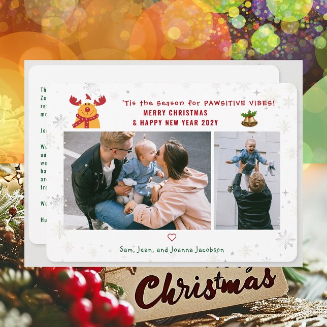 Cartão De Festividades Engraçado Pawsitive Rudolph 2 Fotos Moderna Minima (Cute Funny Rudolph Pawsitive Vibes Merry Christmas Happy New Year 'Tis the Season 2 Photos Letter)