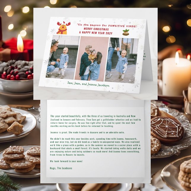 Cartão De Festividades Engraçado Pawsitive Rudolph 3 Fotografias Modernas (Cute Elegant Funny Rudolph Pawsitive Vibes Merry Xmas Happy New Year 3 Photos Snowflakes Letter )