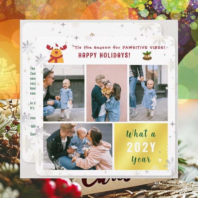 Cartão De Festividades Engraçado Rudolph 4 Fotos Colagem Felizes Feriados (Cute Funny Rudolph Pawsitive Vibes Happy Holidays 'Tis the Season 4 Photos Golden What a Year Letter)