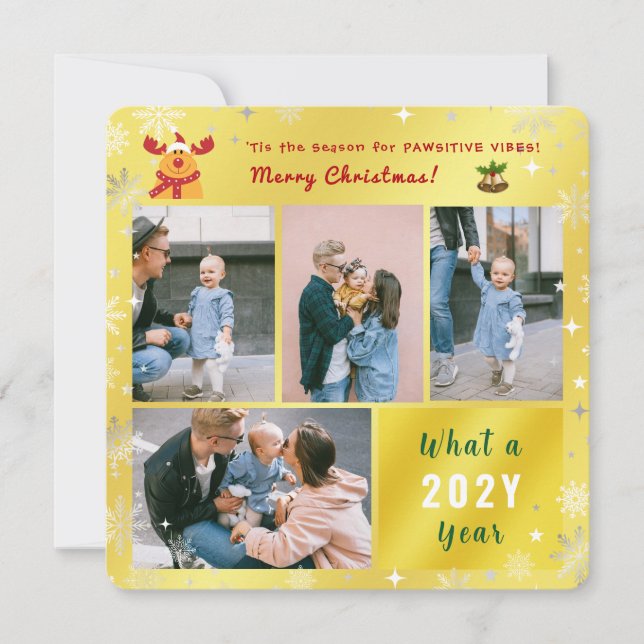 Cartão De Festividades Engraçado Rudolph 4 Fotos Colagem Ouro elegante (Frente)