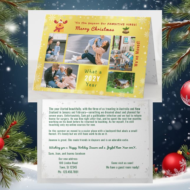 Cartão De Festividades Engraçado Rudolph Movemos 5 Fotos para o Ouro Eleg (Funny Rudolph Pawsitive Vibes We've Moved Christmas Card. 5 Photos. Elegant, golden. Festive Snow)