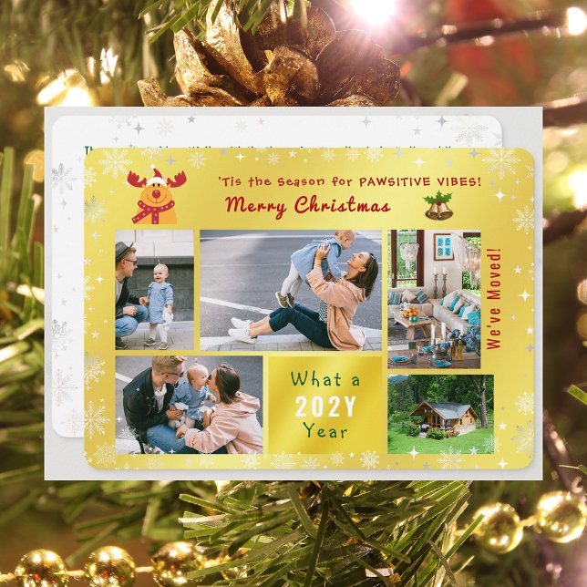 Cartão De Festividades Engraçado Rudolph Movemos 5 Fotos para o Ouro Eleg ('Tis the Season for Pawsitive Vibes. Funny Cute Golden Rudolph 5 Photos Christmas We've Moved Letter)