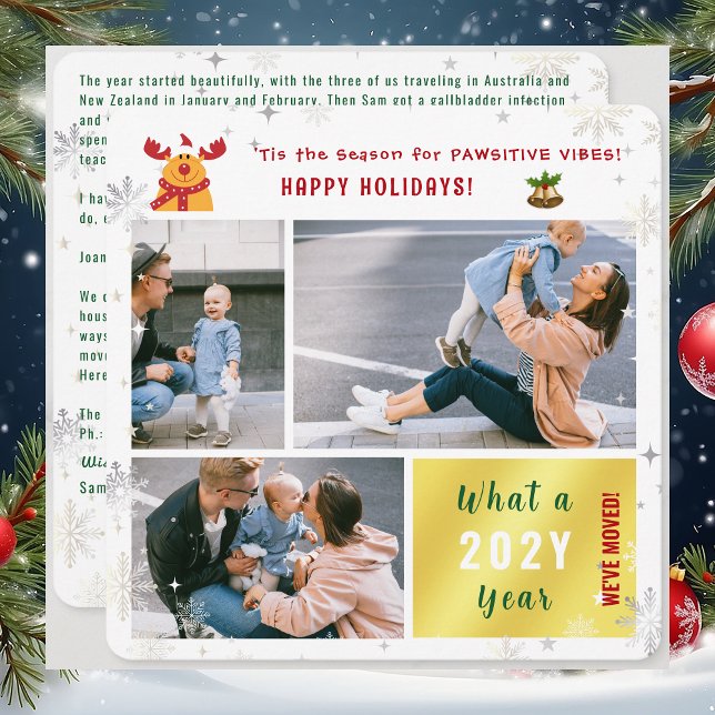 Cartão De Festividades Engraçado Rudolph Nós mudamos os feriados felizes  (Funny Rudolph Pawsitive Vibes We've Moved Holidays Card. 3 Photos. Elegant modern cute. Snowflakes)