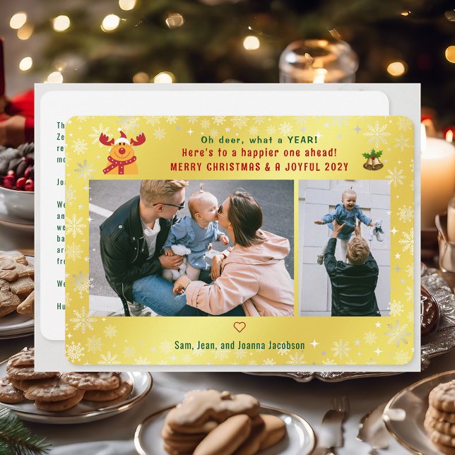 Cartão De Festividades Engraçado Rudolph Oh Deer Feliz Ouro Xmas 2 Fotogr (Cute Funny Modern Oh Deer What a Year Rudolph Snow Merry Xmas Joyful New Year 2 Photos Letter Golden)