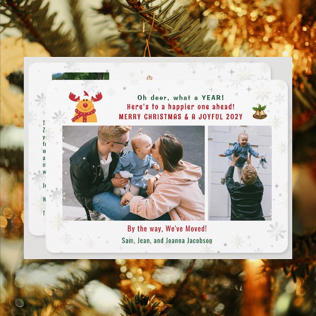 Cartão De Festividades Engraçado Rudolph Oh Deer Mudamos 3 Fotos Colagem (Funny Rudolph Oh Deer What a Year Christmas New Year We've Moved 3 Photos Elegant Cute Modern Letter)