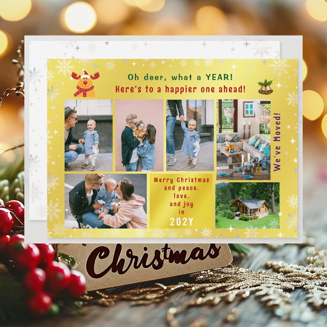 Cartão De Festividades Engraçado Rudolph Oh Deer Nós mudamos o Ouro de 6  (Funny Cute We've Moved Christmas Card with Rudolph. Oh deer. 5 Photos Peace Love Joy Elegant Golden )
