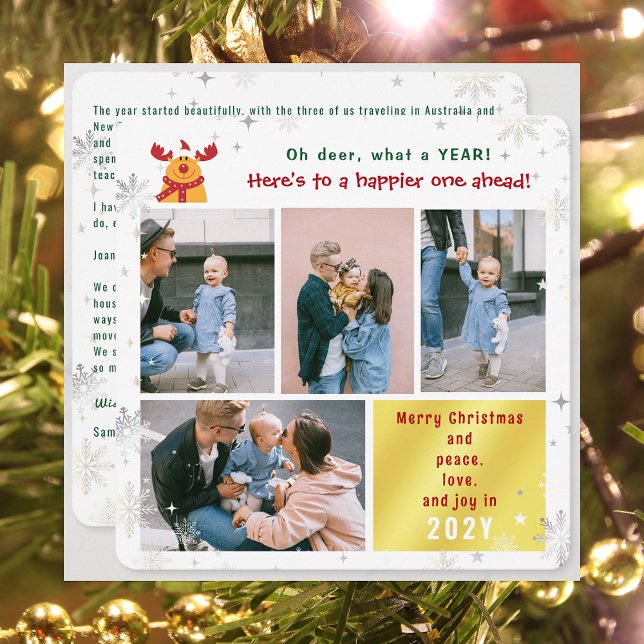 Cartão De Festividades Engraçado Rudolph Oh Deer Peace Love Ouro (Funny Cute Rudolph Oh Deer What a Year Merry Christmas Happy New Year 4 Photos Letter Elegant Golden)