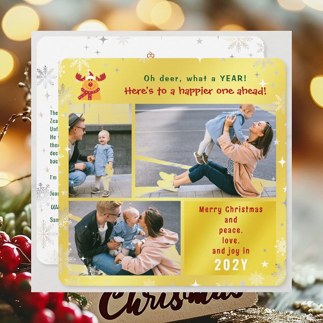 Cartão De Festividades Engraçado Rudolph Oh Deer Peace Love Ouro (Elegant Golden Cute Funny Rudolph Oh Deer What a Year Merry Christmas 3 Photos Peace Love Joy Letter)