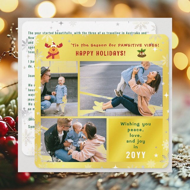 Cartão De Festividades Engraçado Rudolph Peace Love Joy 3 Fotos Ouro Boni (Elegant Golden Cute Funny Pawsitive Vibes Rudolph Happy Holidays 3 Photos Peace Love Joy Snowflakes)