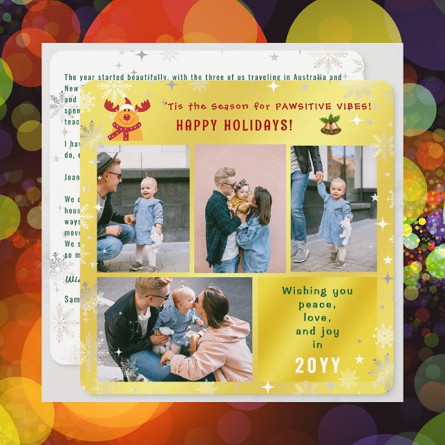 Cartão De Festividades Engraçado Rudolph Peace Love Joy 4 Fotos Ouro Boni (Elegant Golden Cute Funny Pawsitive Vibes Rudolph Happy Holidays 4 Photos Peace Love Joy Snowflakes)