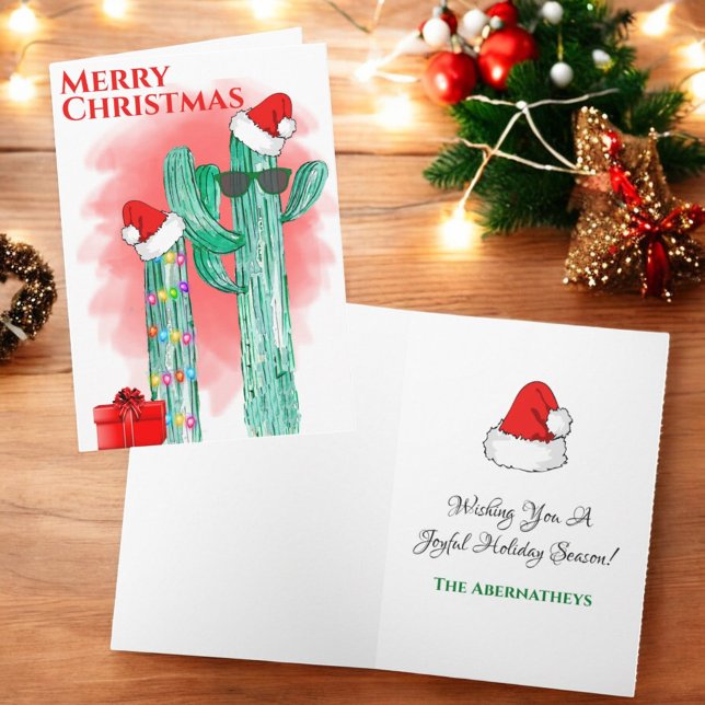 Cartão De Festividades Engraçado, Southwest Cactus Santa Hats (Christmas folding greeting card cover and inside template text)