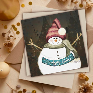 Cartão De Festividades Enviando Abraços Boneco de Neve Natalino