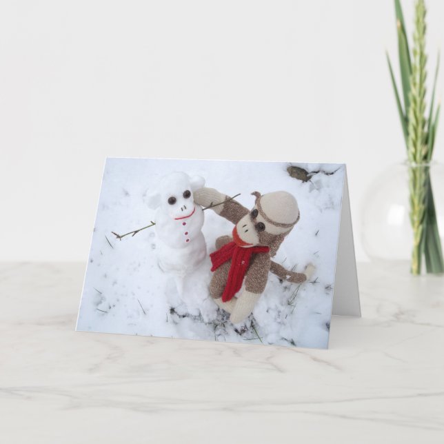 Cartão De Festividades Ernie the Sock Monkey Snowman Holiday Card (Frente)
