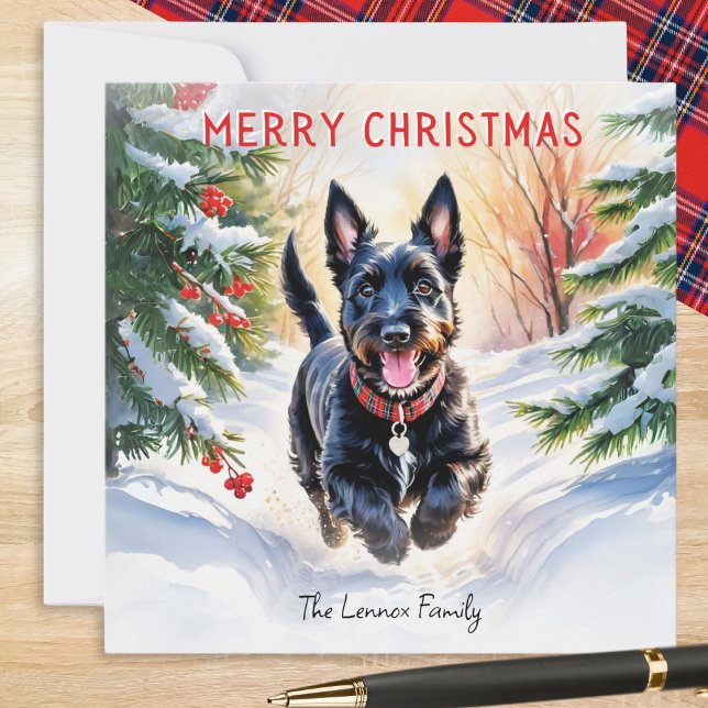 Cartão De Festividades Escócia Terrier Scottie Dog No Natal Da Neve (A Christmas card with picture of a Scottish Terrier dog running through snow, in a watercolor style)