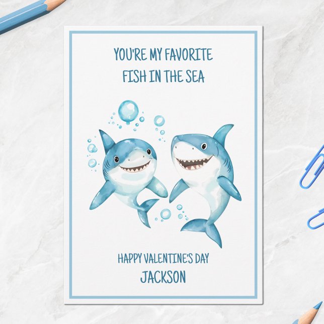 Cartão De Festividades Escola de Tubarões para Crianças Sala de Aula Feli (Kids Shark School Classroom Happy Valentine's Day Holiday Card)