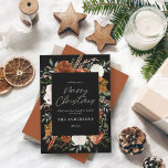 Cartão De Festividades Escrita botânica e elegante, de cor negra, terraco<br><div class="desc">Black Terracotta,  um guião botânico elegante floral Merry Christmas card.</div>