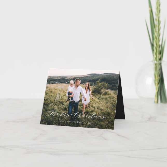 Cartão De Festividades Escrita de Natal mínima elegante, branco preto (Frente)